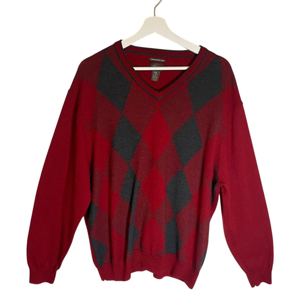 Greg Norman Merino Wool Blend Sweater Men's Size XXL Red Argyle Minimalist